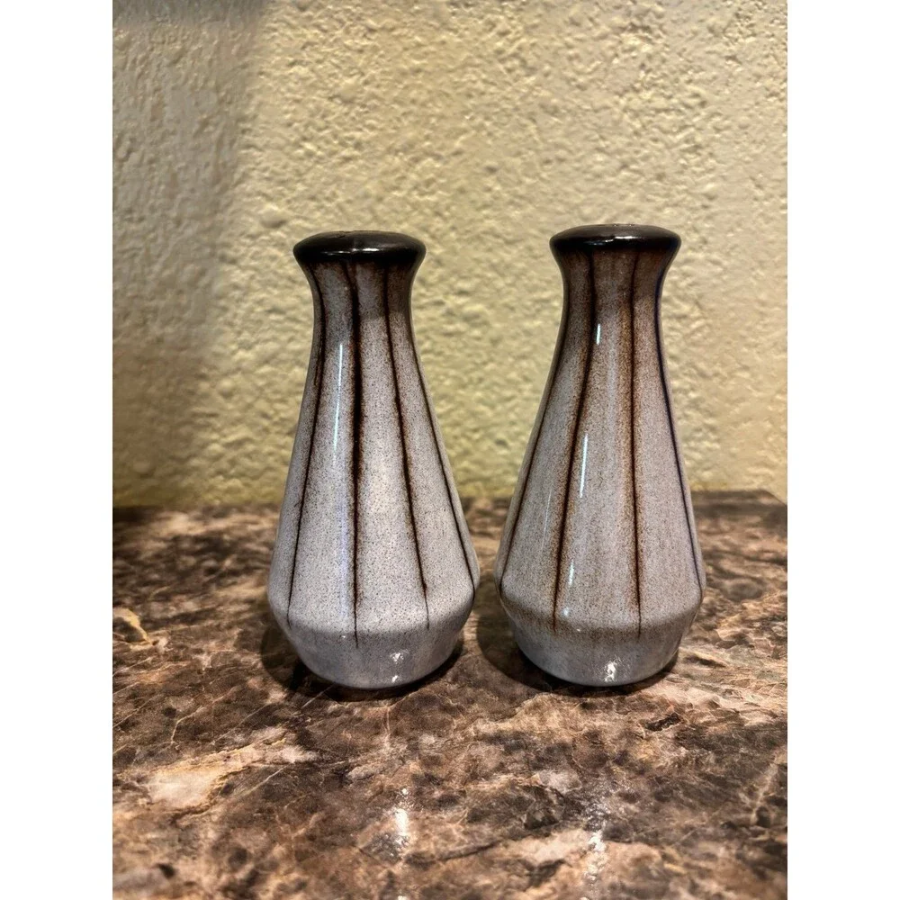Denby vtg mcm salt pepper shaker set gray brown stripes flaw England made